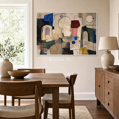 City of Small Shapes: Beige Cubist Geometric Abstract Wall Art — dining white