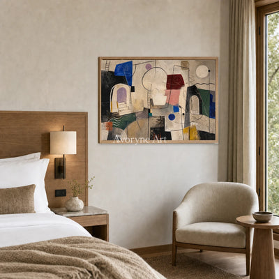 City of Small Shapes: Beige Cubist Geometric Abstract Wall Art — hotel wood