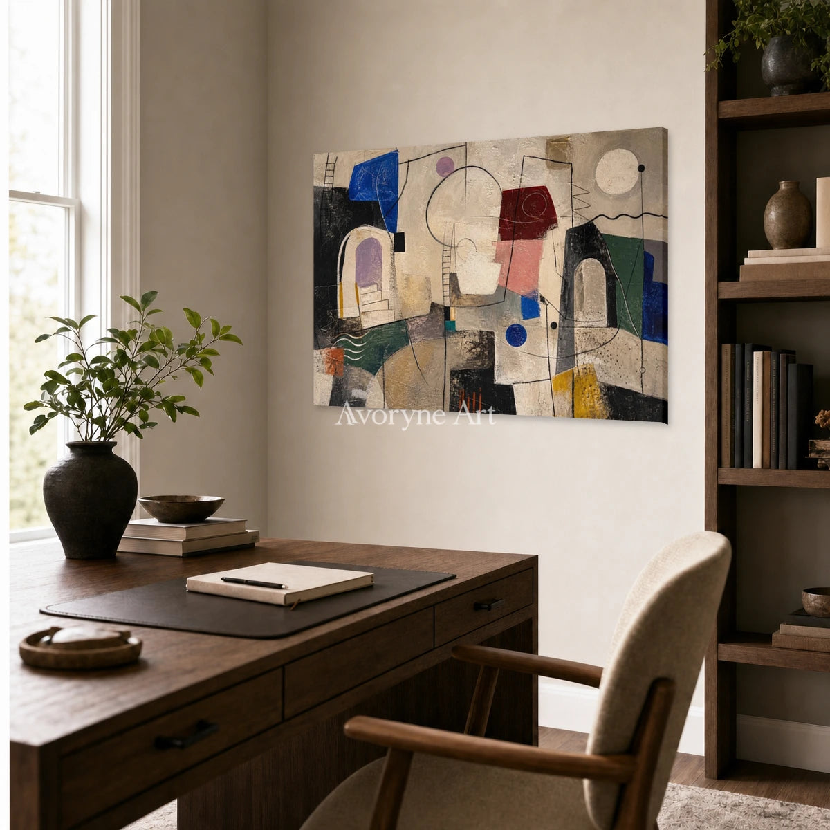 City of Small Shapes: Beige Cubist Geometric Abstract Wall Art — office frameless