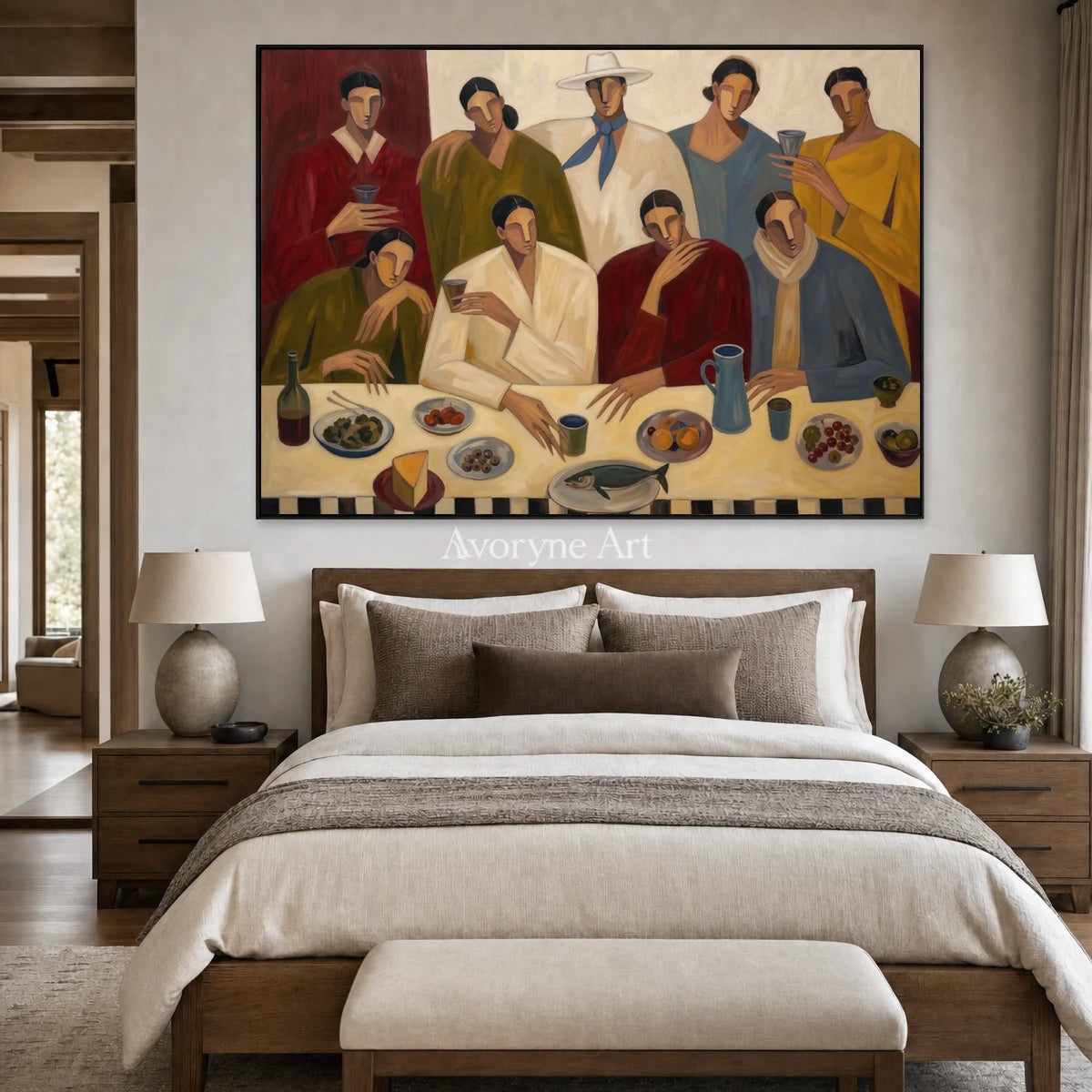 The Long Supper: Beige Dinner Gathering Figurative Wall Art — bedroom black
