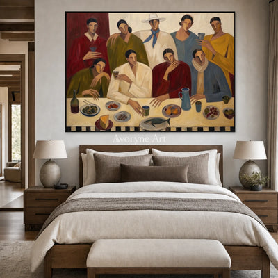 The Long Supper: Beige Dinner Gathering Figurative Wall Art — bedroom black
