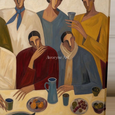 The Long Supper: Beige Dinner Gathering Figurative Wall Art — detail easel