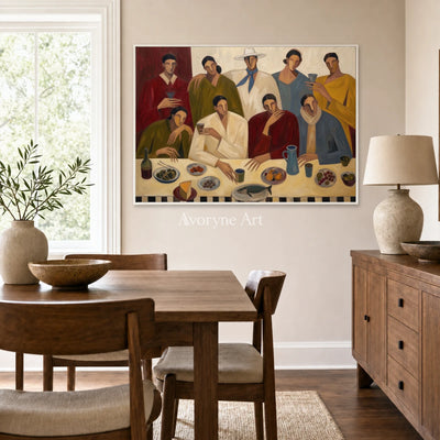 The Long Supper: Beige Dinner Gathering Figurative Wall Art — dining white