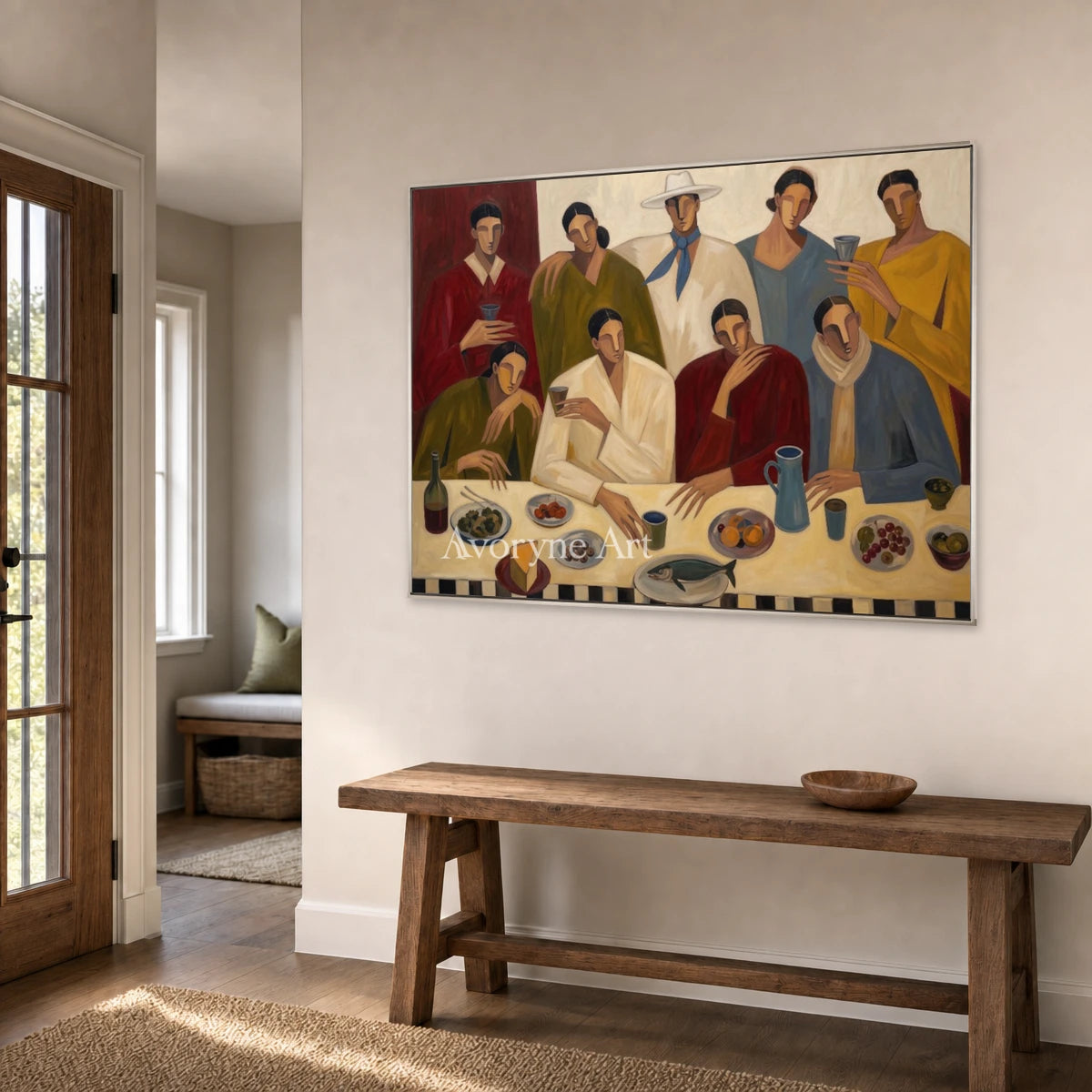 The Long Supper: Beige Dinner Gathering Figurative Wall Art — entry silver