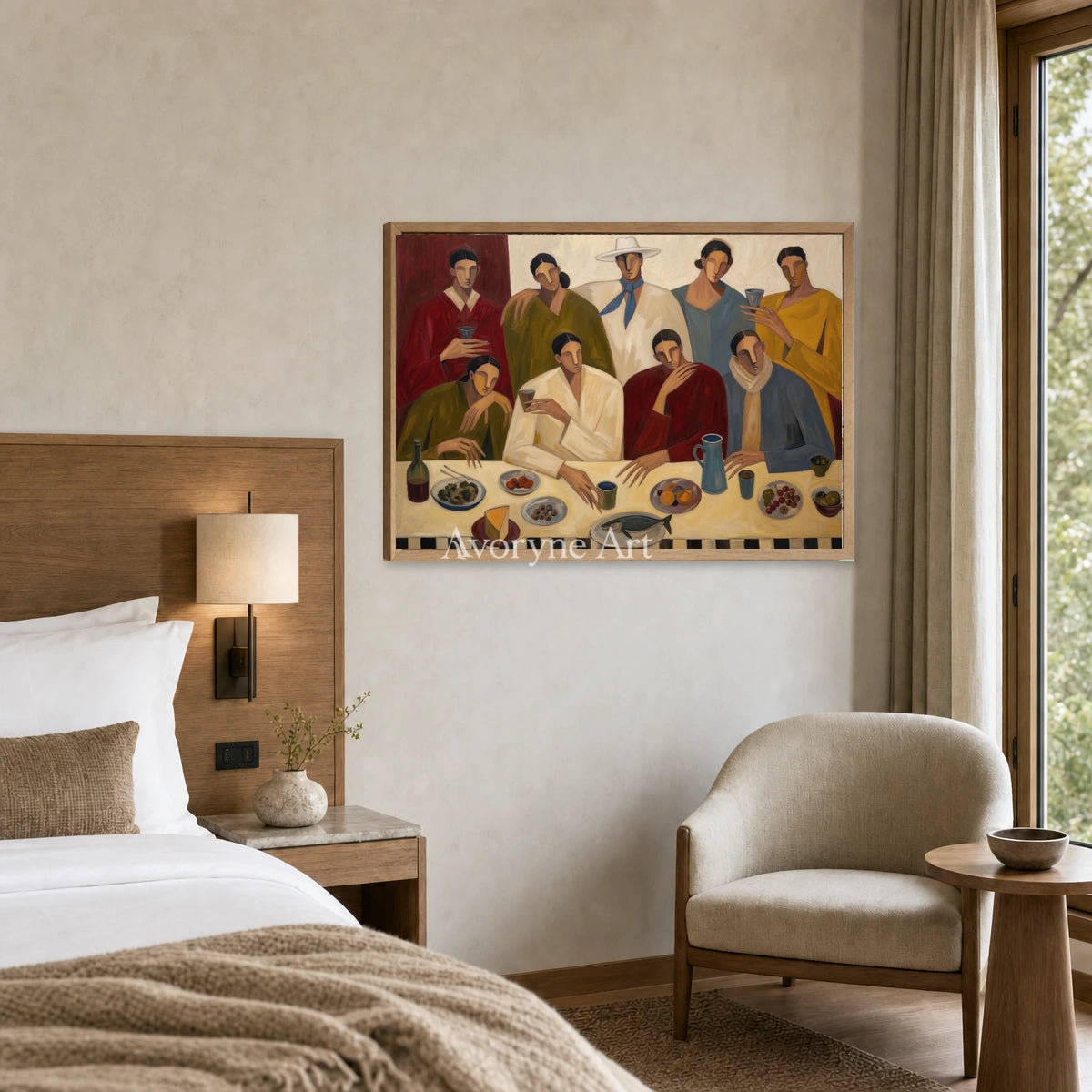 The Long Supper: Beige Dinner Gathering Figurative Wall Art — hotel wood