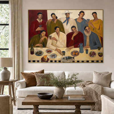 The Long Supper: Beige Dinner Gathering Figurative Wall Art — living gold