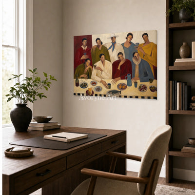 The Long Supper: Beige Dinner Gathering Figurative Wall Art — office frameless