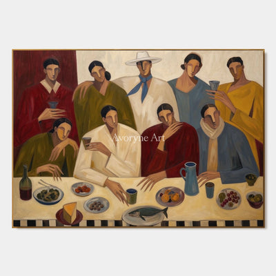 The Long Supper: Beige Dinner Gathering Figurative Wall Art — primary