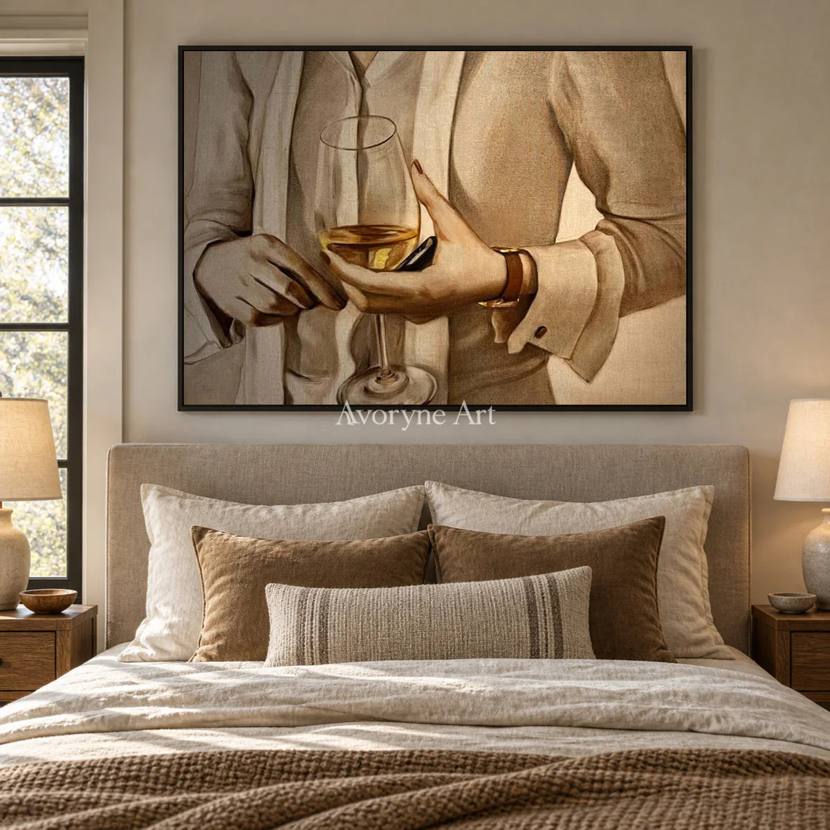 An Amber Pause: Beige Figurative Wine Glass Wall Art — bedroom black