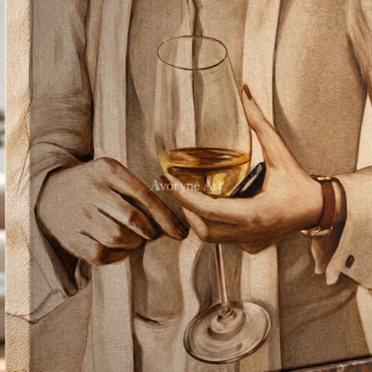 An Amber Pause: Beige Figurative Wine Glass Wall Art — detail easel