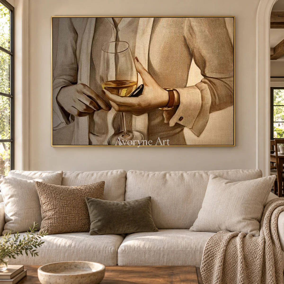 An Amber Pause: Beige Figurative Wine Glass Wall Art — living gold