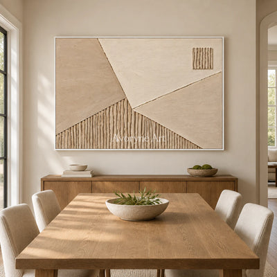 Sandstone Junction: Beige Geometric Relief Wall Art — dining white