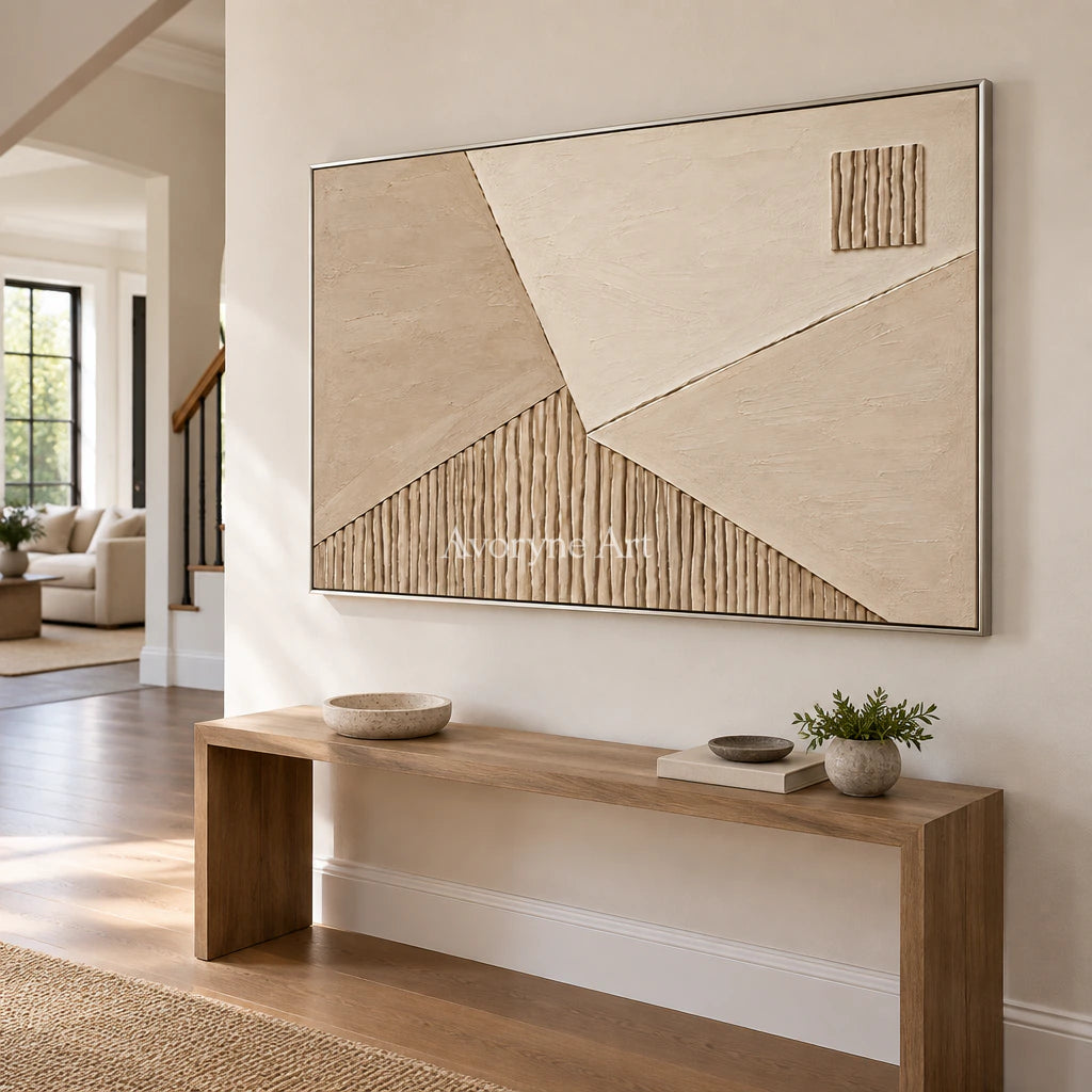 Sandstone Junction: Beige Geometric Relief Wall Art — entry silver