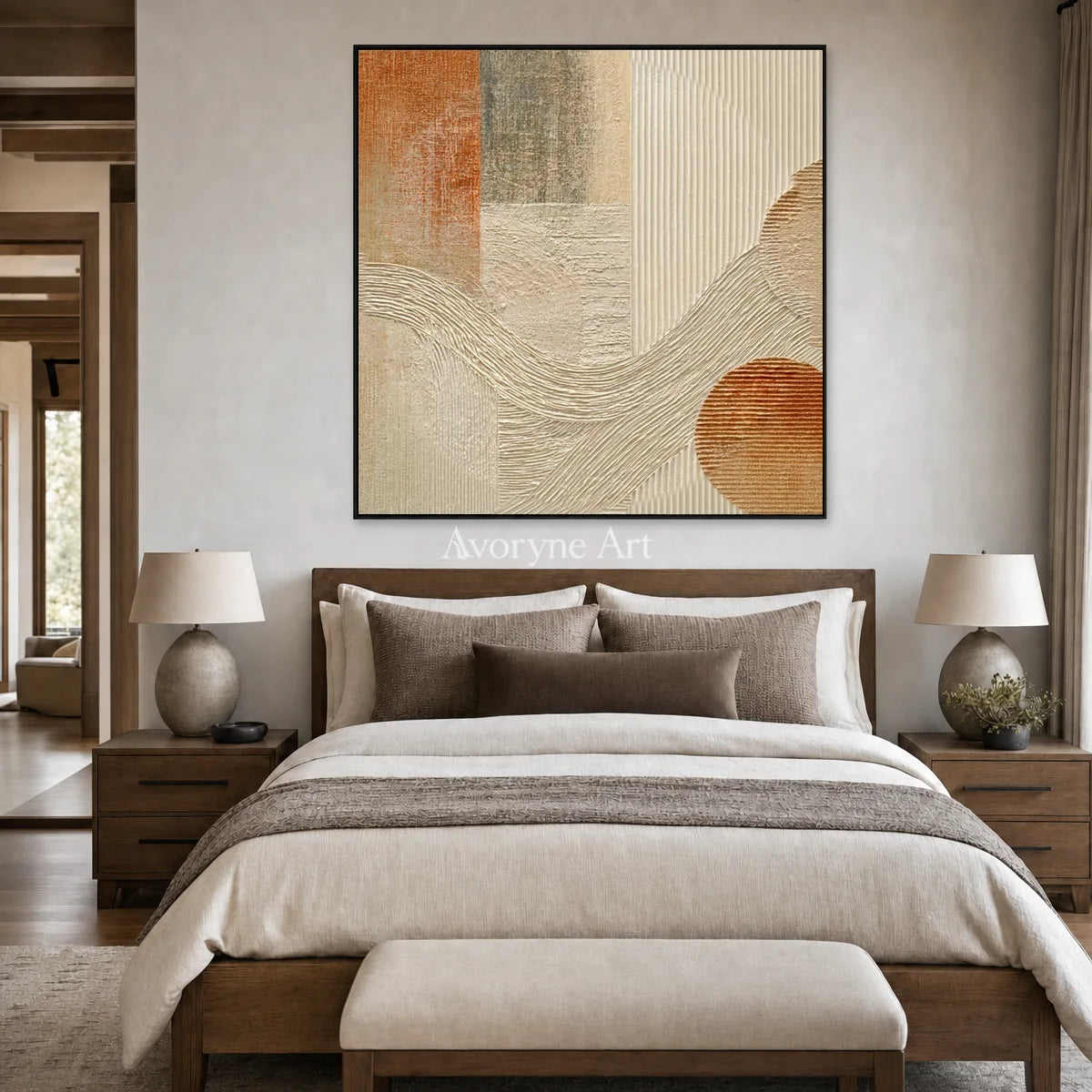 Earthen Cadence: Beige Geometric Ridge Square Wall Art — bedroom black