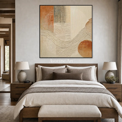 Earthen Cadence: Beige Geometric Ridge Square Wall Art — bedroom black