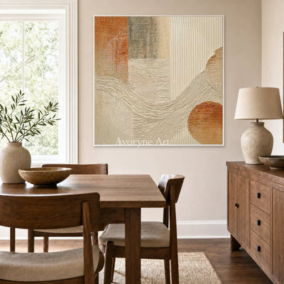 Earthen Cadence: Beige Geometric Ridge Square Wall Art — dining white