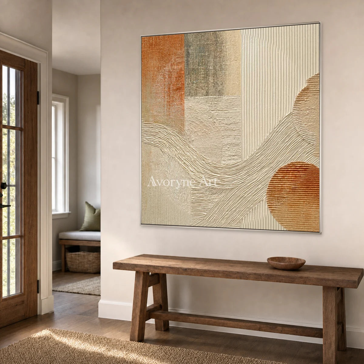 Earthen Cadence: Beige Geometric Ridge Square Wall Art — entry silver