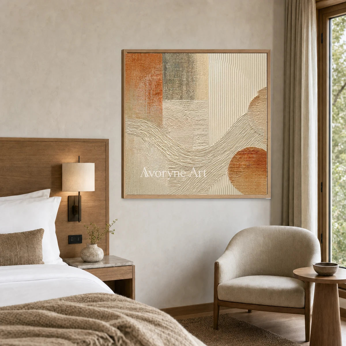 Earthen Cadence: Beige Geometric Ridge Square Wall Art — hotel wood