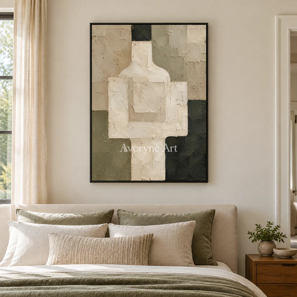 Vessel Trace: Beige Geometric Still Life Art — bedroom black