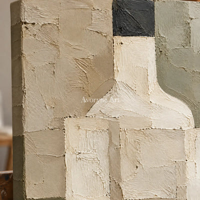 Vessel Trace: Beige Geometric Still Life Art — detail easel