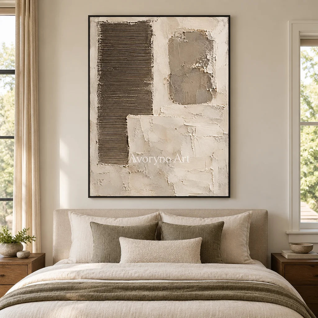 Earthen Intervals: Beige Geometric Texture Wall Art — bedroom black