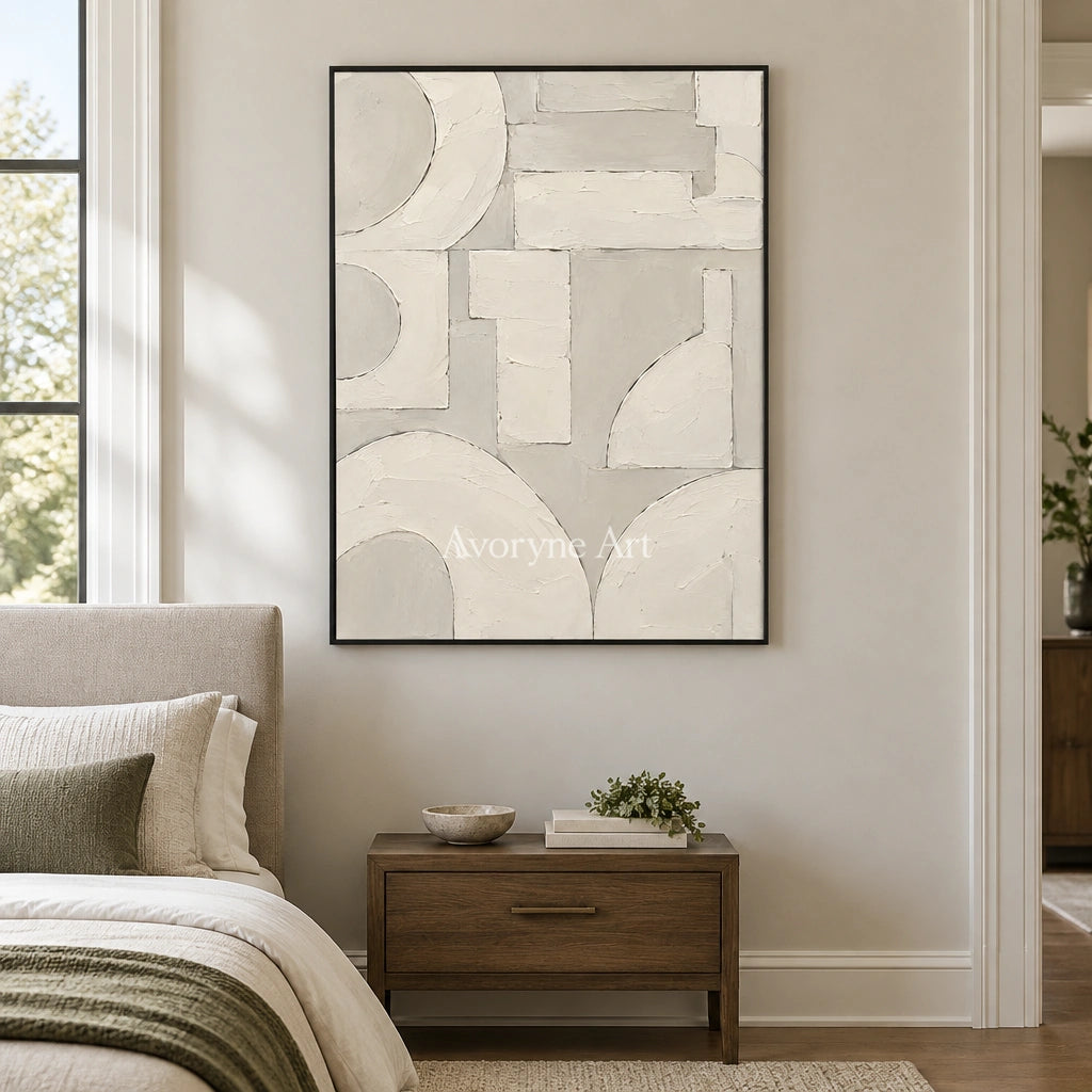 Aven Ivory Assembly: Beige Geometric Textured Art — bedroom black