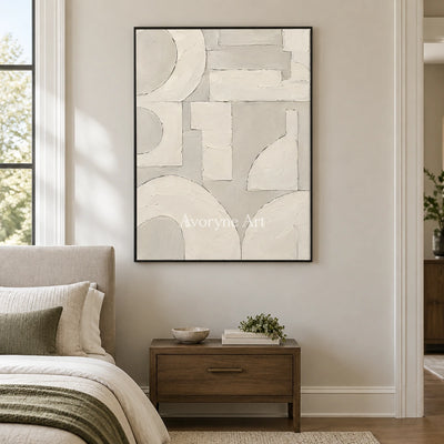 Aven Ivory Assembly: Beige Geometric Textured Art — bedroom black