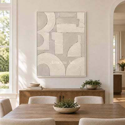 Aven Ivory Assembly: Beige Geometric Textured Art — dining white
