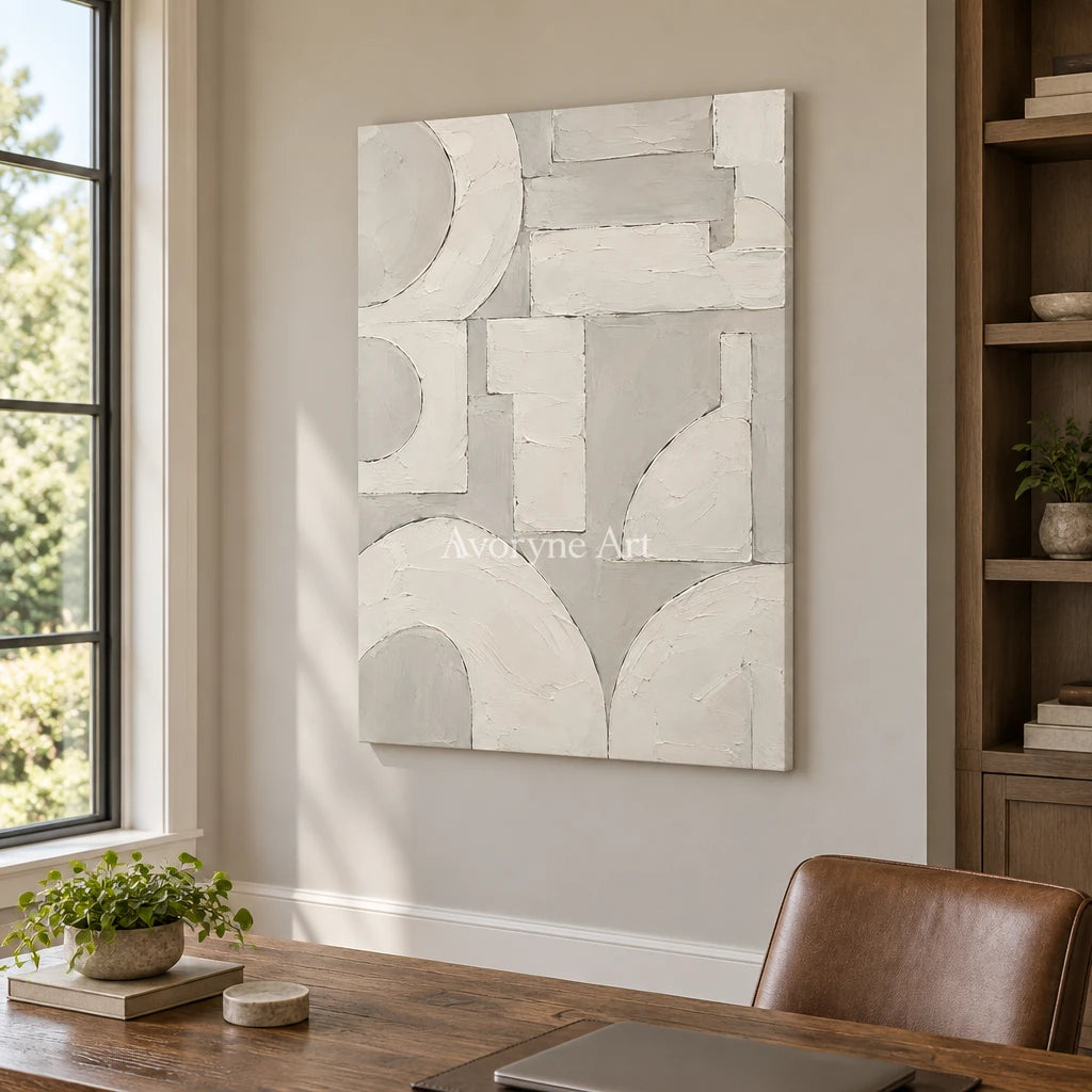 Aven Ivory Assembly: Beige Geometric Textured Art — office frameless