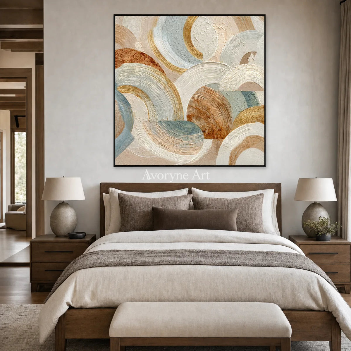 Cloud Arcadia: Beige Layered Arc Square Abstract Wall Art — bedroom black
