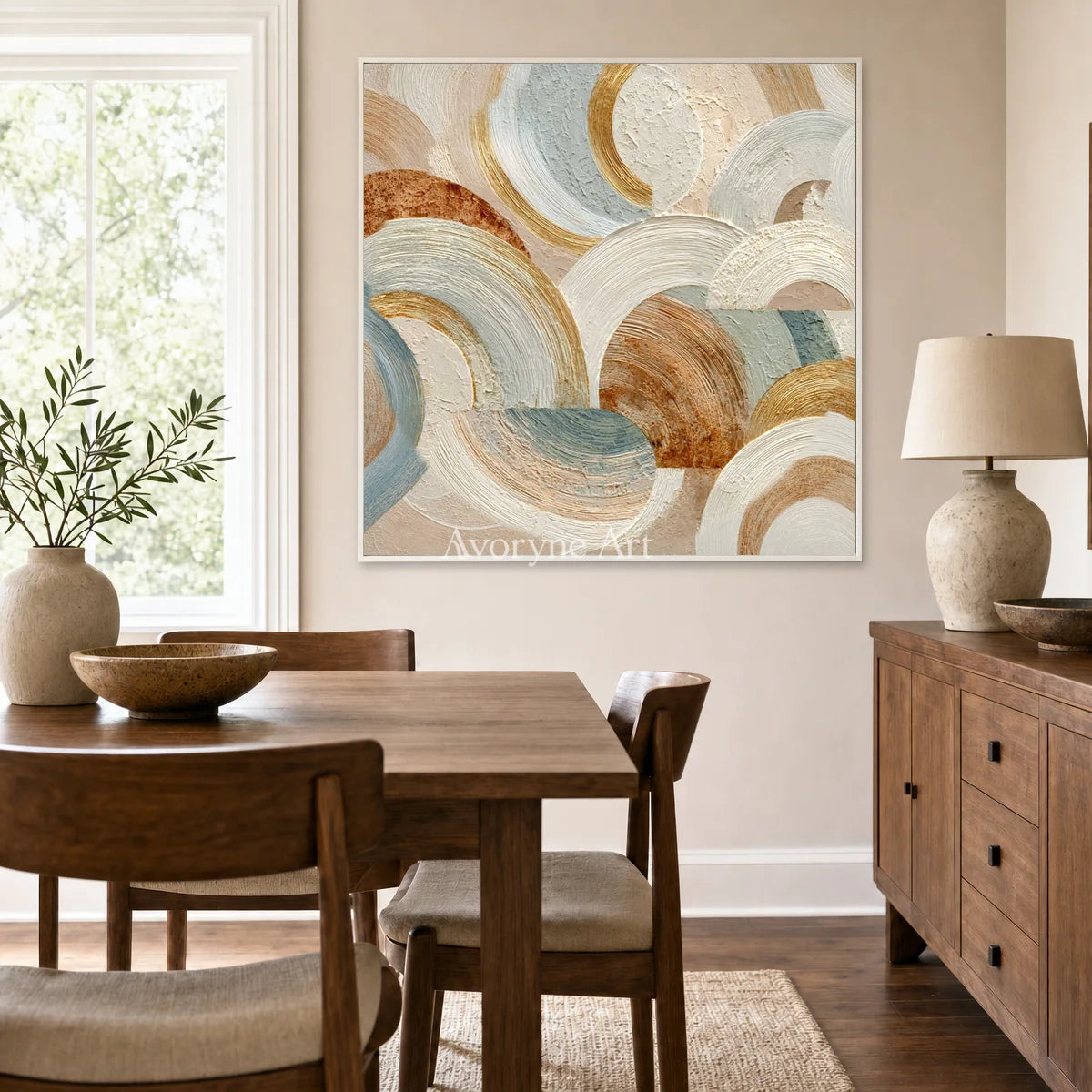 Cloud Arcadia: Beige Layered Arc Square Abstract Wall Art — dining white