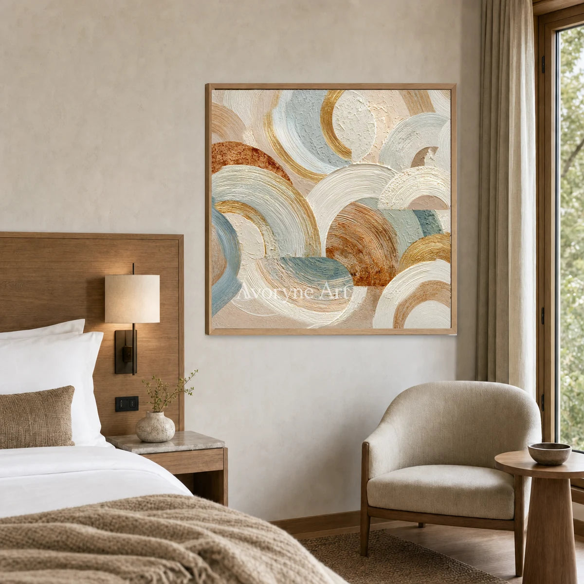 Cloud Arcadia: Beige Layered Arc Square Abstract Wall Art — hotel wood