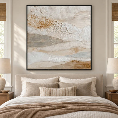 A Gentle Accumulation: Beige Layered Texture and Circle Wall Art — bedroom black