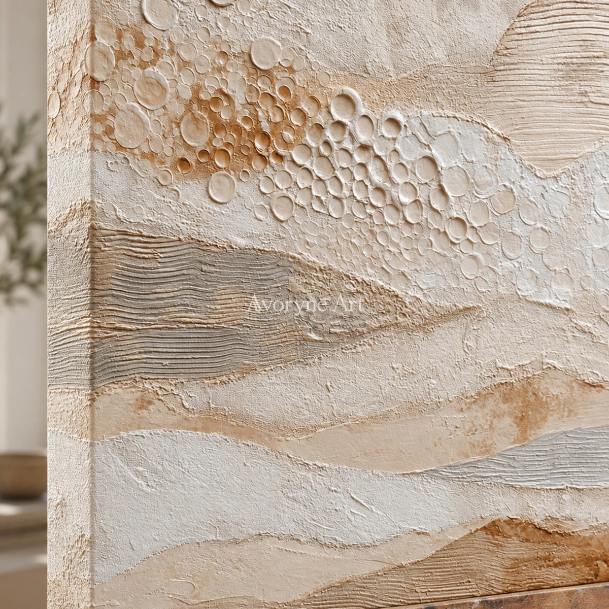 A Gentle Accumulation: Beige Layered Texture and Circle Wall Art — detail easel