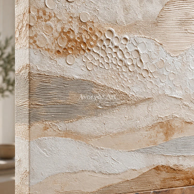 A Gentle Accumulation: Beige Layered Texture and Circle Wall Art — detail easel