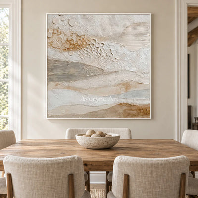 A Gentle Accumulation: Beige Layered Texture and Circle Wall Art — dining white