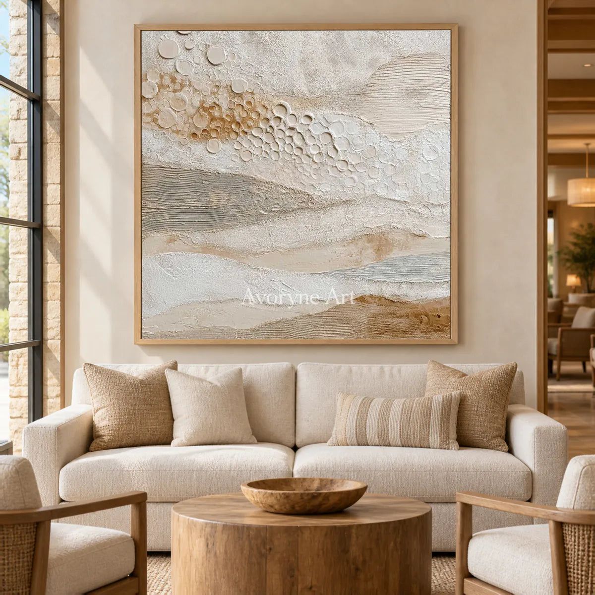 A Gentle Accumulation: Beige Layered Texture and Circle Wall Art — hotel wood