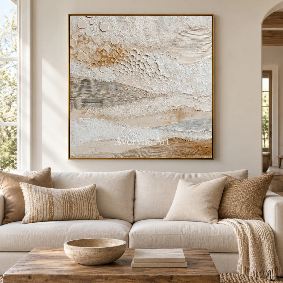 A Gentle Accumulation: Beige Layered Texture and Circle Wall Art — living gold