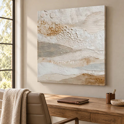A Gentle Accumulation: Beige Layered Texture and Circle Wall Art — office frameless