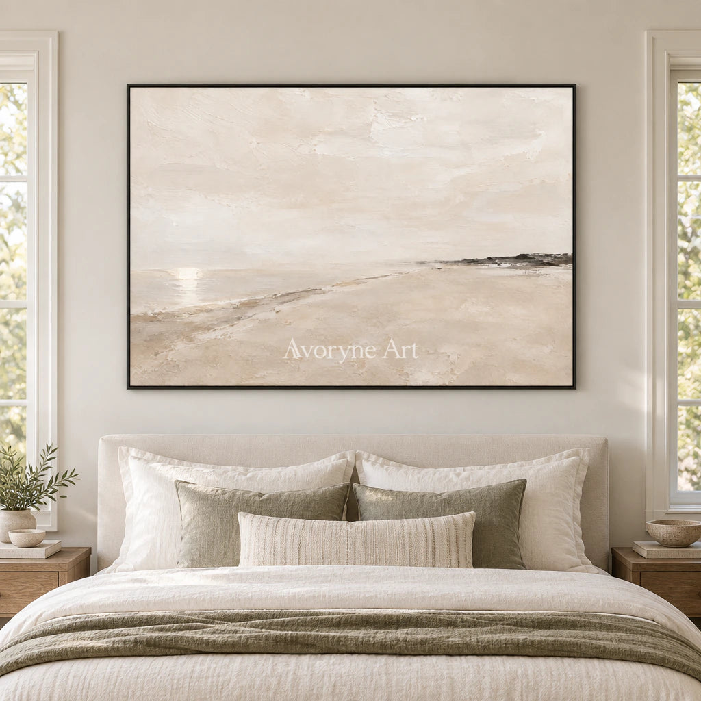 Distant Sandline: Beige Minimal Landscape Wall Art — bedroom black