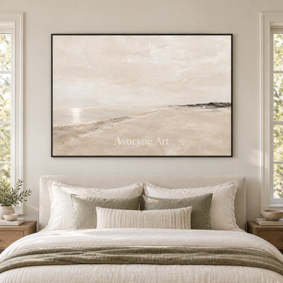 Distant Sandline: Beige Minimal Landscape Wall Art — bedroom black
