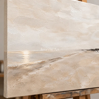 Distant Sandline: Beige Minimal Landscape Wall Art — detail easel