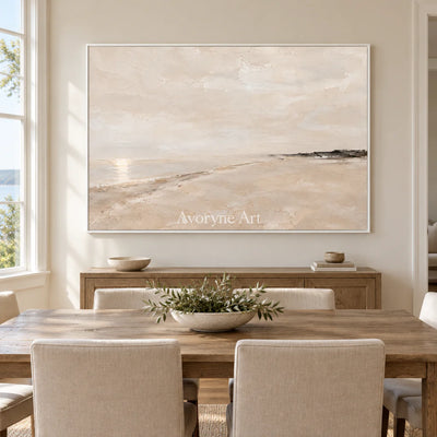 Distant Sandline: Beige Minimal Landscape Wall Art — dining white