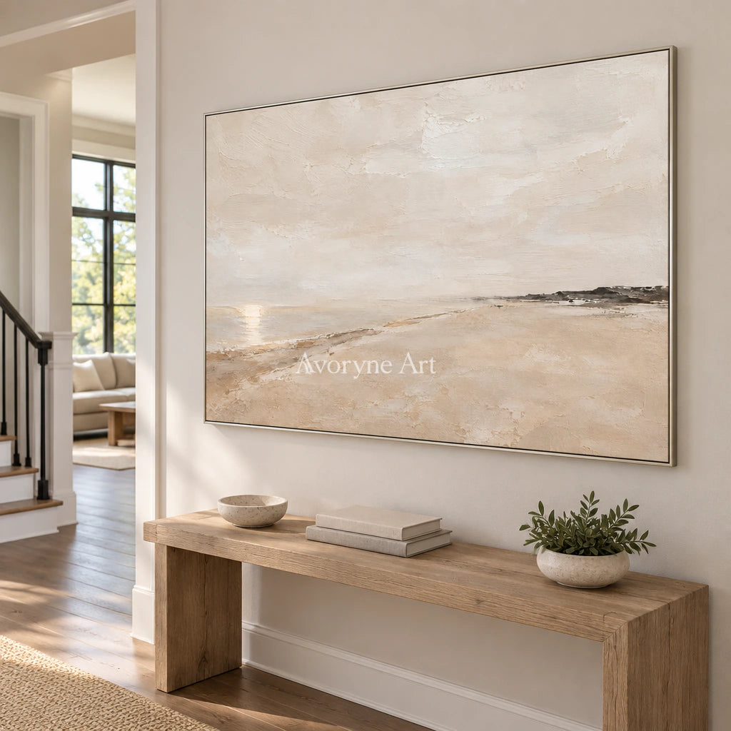 Distant Sandline: Beige Minimal Landscape Wall Art — entry silver