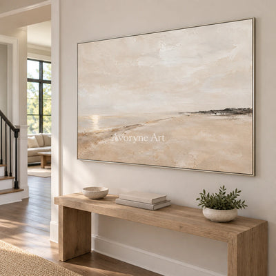 Distant Sandline: Beige Minimal Landscape Wall Art — entry silver