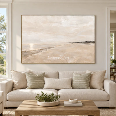 Distant Sandline: Beige Minimal Landscape Wall Art — living gold