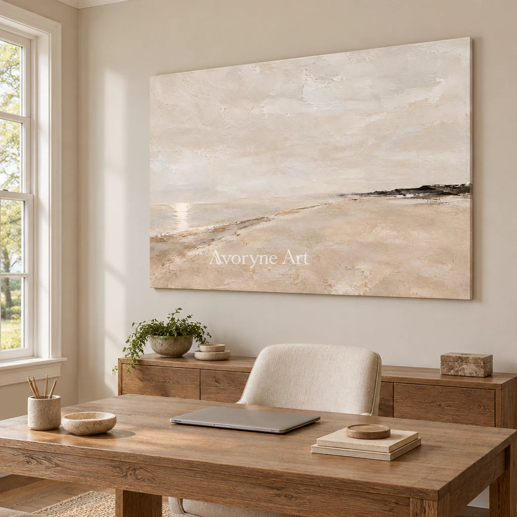 Distant Sandline: Beige Minimal Landscape Wall Art — office frameless