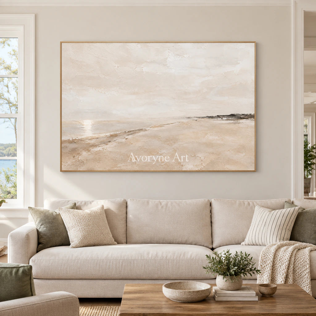 Distant Sandline: Beige Minimal Landscape Wall Art — villa wood
