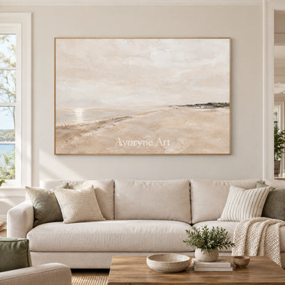 Distant Sandline: Beige Minimal Landscape Wall Art — villa wood