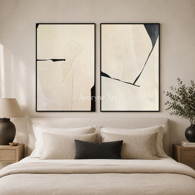 Twofold Pause: Beige Minimalist Abstract Diptych Wall Art — bedroom black